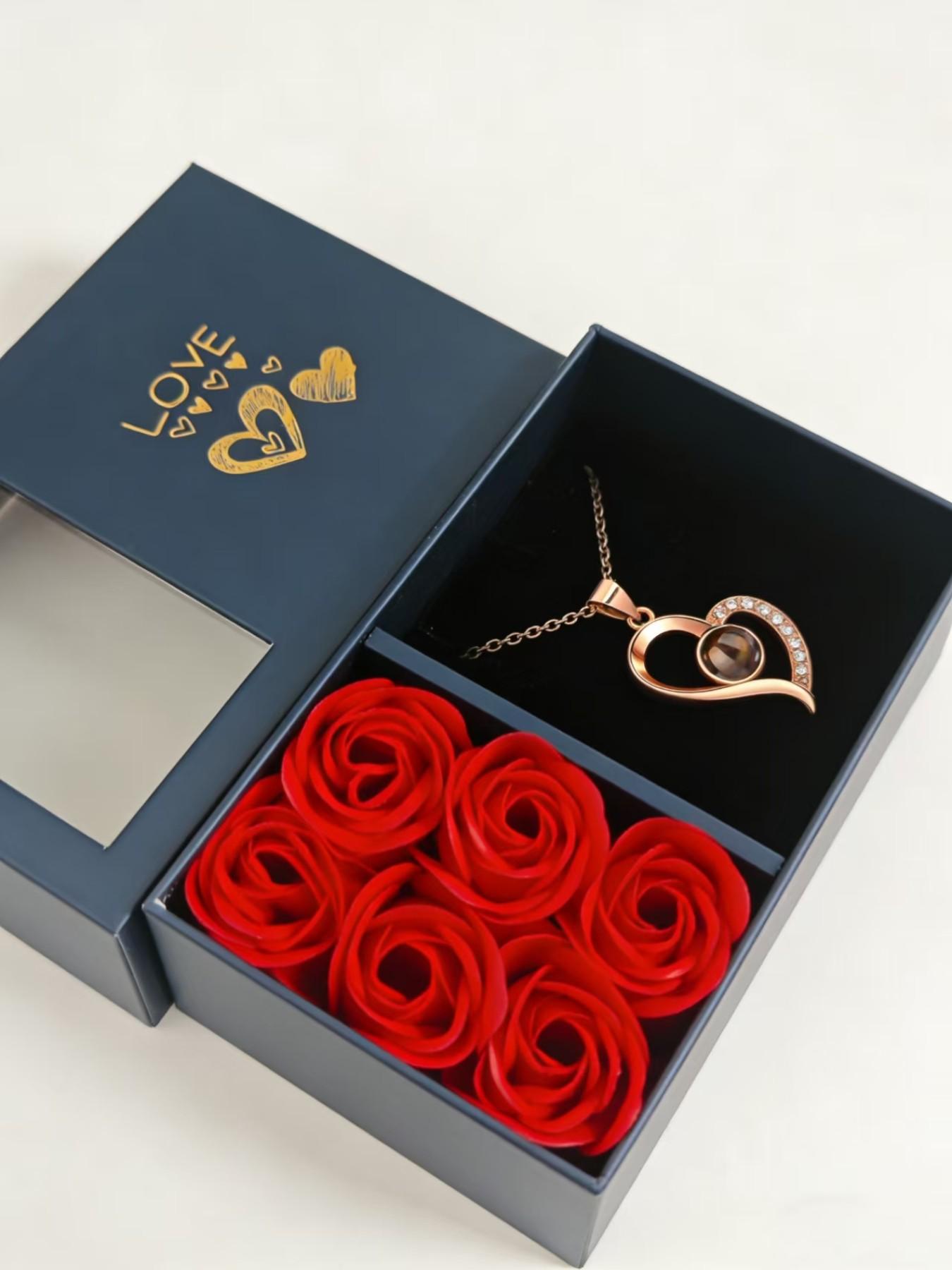 Valentine's Day Rose Gold Heart Language Necklace Gift Set, Elegant Alloy Chain, Perfect for Mom and Girlfriend, 100 Love Languages