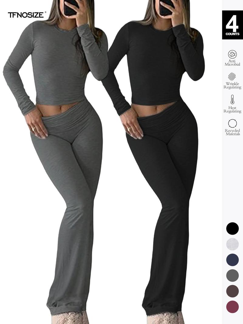 Women's 2 Piece Casual Pajama Set, Slim Fit Long Sleeve Top & Low Rise Bell Bottoms, Versatile Yoga Loungewear for All Seasons,Airport Outfit