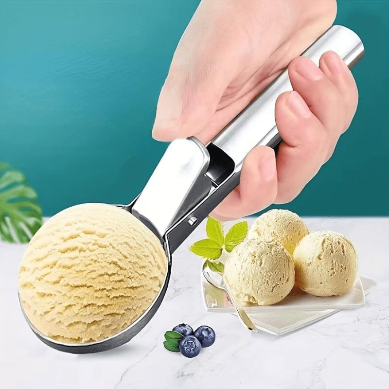Stainless Steel Ice Cream Spoon with Trigger, Ideal for Ice Cream and Jelly, Heat Resistant, Dishwasher Safe, Comfortable Grip