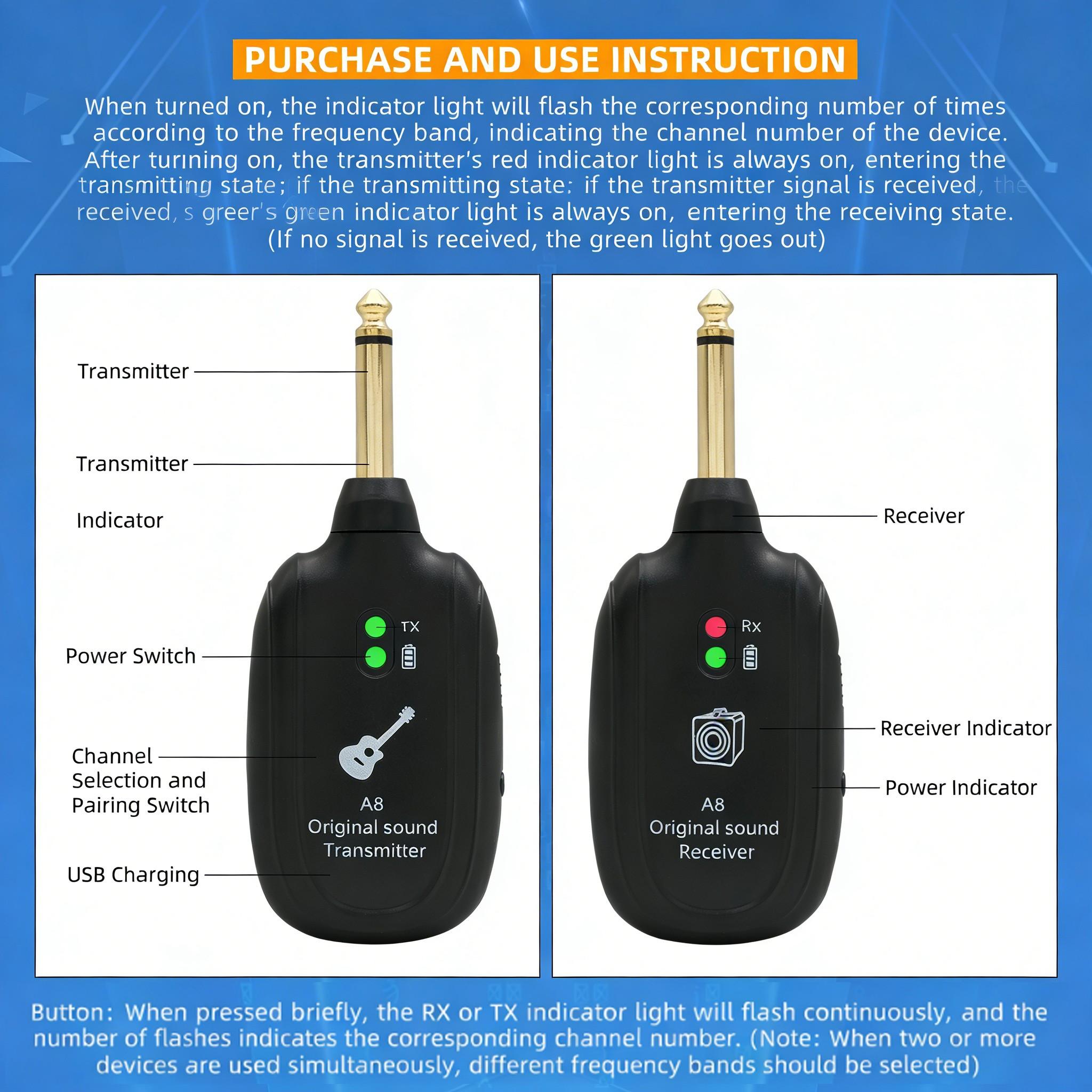 A8 Professional Instrument Wireless Transmitter, Low Latency Uhf Audio System, Ideal for Guitar Bass String Instruments, Studio Stage Perfect Choice
