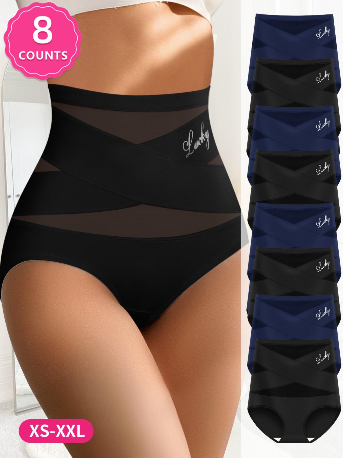 Women's Letter Print Contrast Mesh Criss Cross High Waist Briefs, Breathable Comfy Sheer Knicker for Daily Wear, Women's Underwear for All Seasons