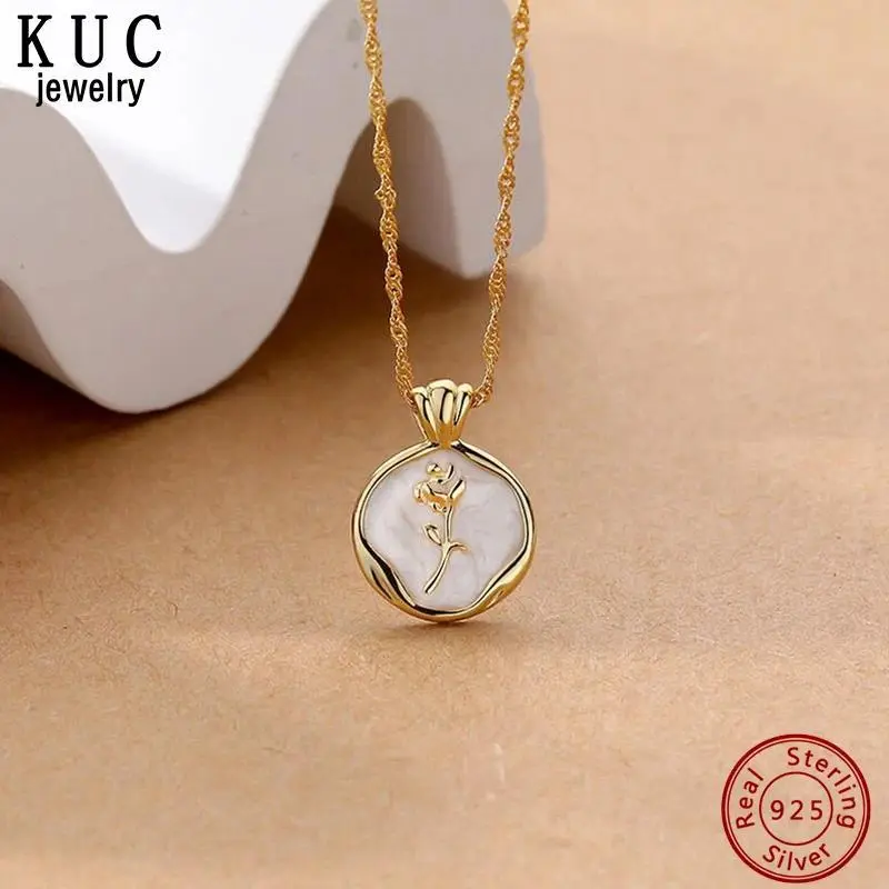 Women's 925 Sterling Silver Gold-Plated Rose Shell Pendant Necklace with Original Certificate, Fine Jewelry for Daily Wear