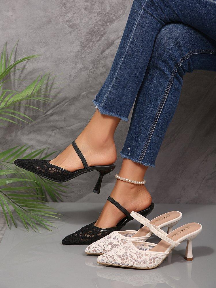 Women's Summer French Lace Pointed Toe Sandals Block Heel Ankle Strap Slingbacks Sexy Outdoor Slides