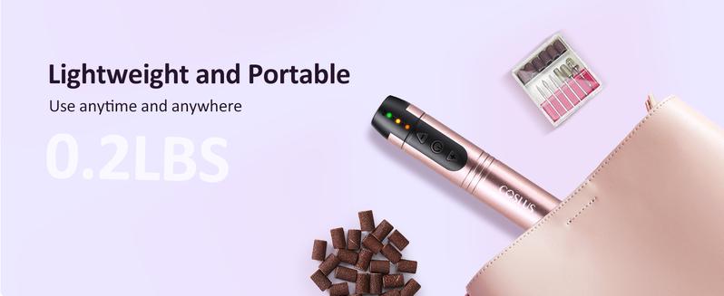 COSLUS C20 Professional Electric Nail File: Manicure and pedicure tool kit, ideal for acrylic, gel, and powder nails, with polishing and filing attachments,  Portable, cordless machine for use in beauty salons or at home. Cutics