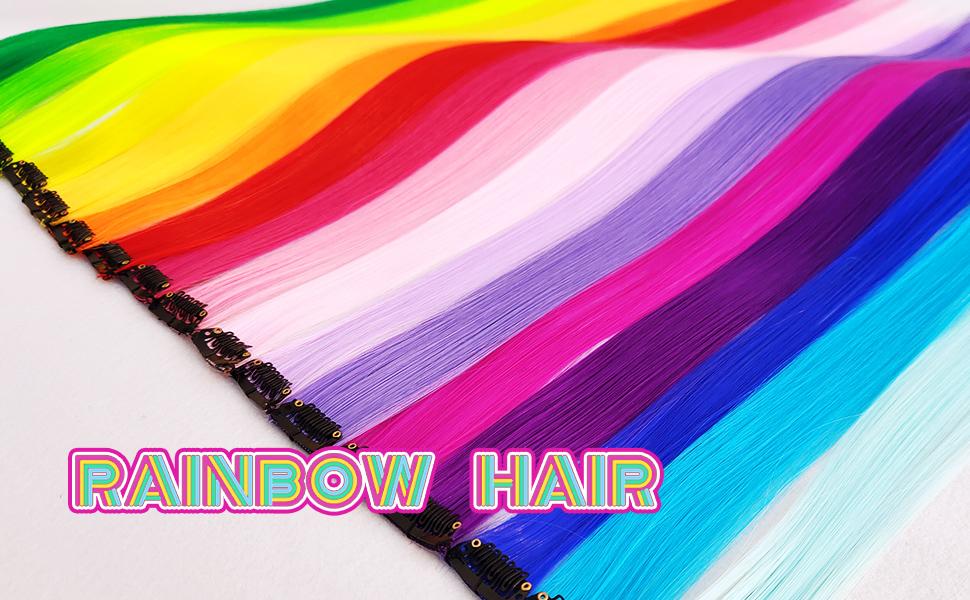 Colored Clip-In Hair Extensions, 32-Pack 20In Straight Synthetic Hairpieces for Rainbow Party Highlights