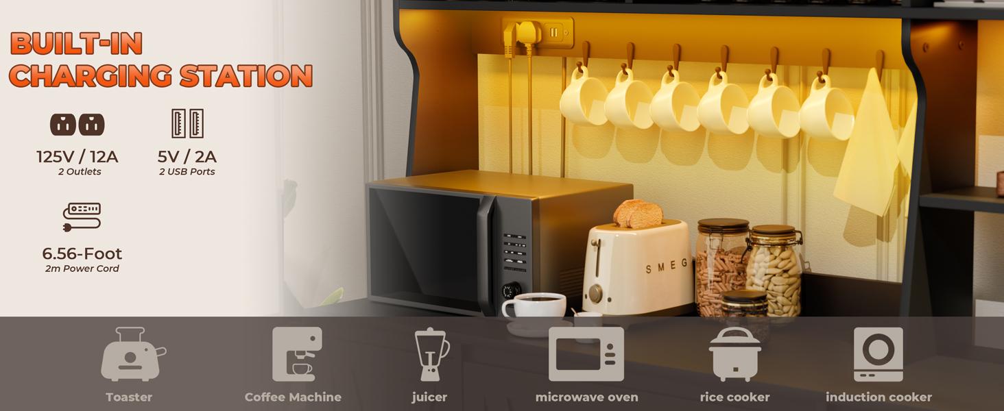 Buffet Sideboard Cabinet w/Power Outlets & LED Light, Large Kitchen Hutch Cabinet w/3 Drawers, Microwave Stand, Adjustable Shelves & 7 Cup Holders, Pantry Cupboard w/Doors