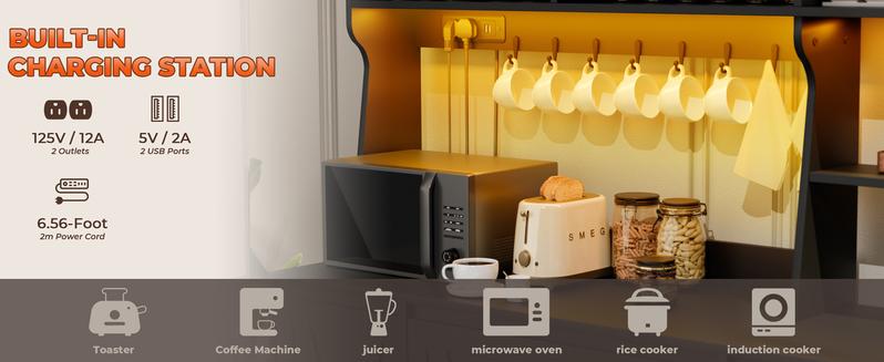 Buffet Sideboard Cabinet w/Power Outlets & LED Light, Large Kitchen Hutch Cabinet w/3 Drawers, Microwave Stand, Adjustable Shelves & 7 Cup Holders, Pantry Cupboard w/Doors