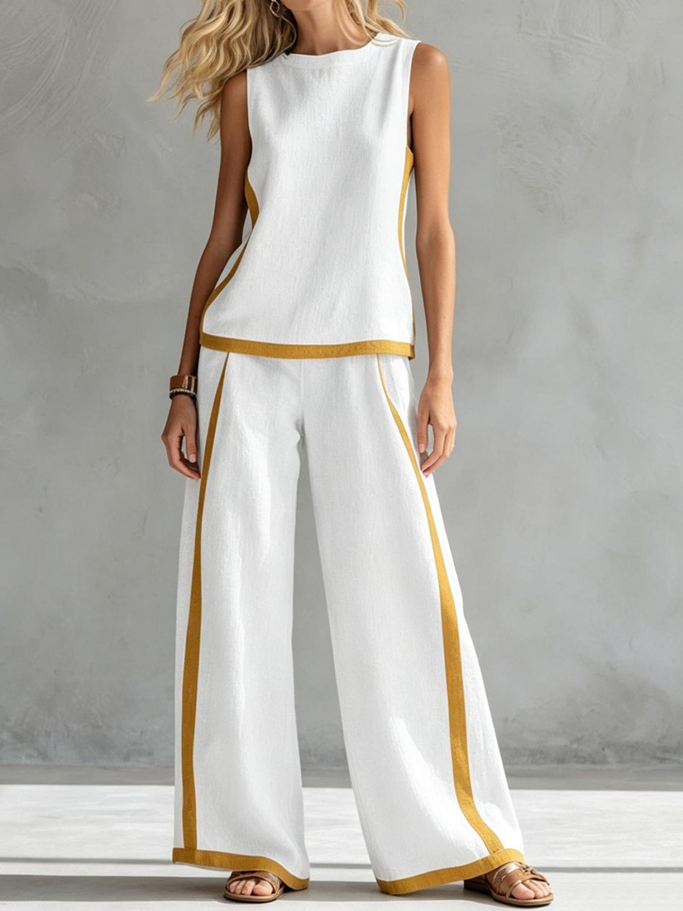 Women's Casual Loose color blocked sleeveless wide leg two-piece set, Colorblock casual set, with breathable surface suitable for commuting, daily wear. Multiple colors available