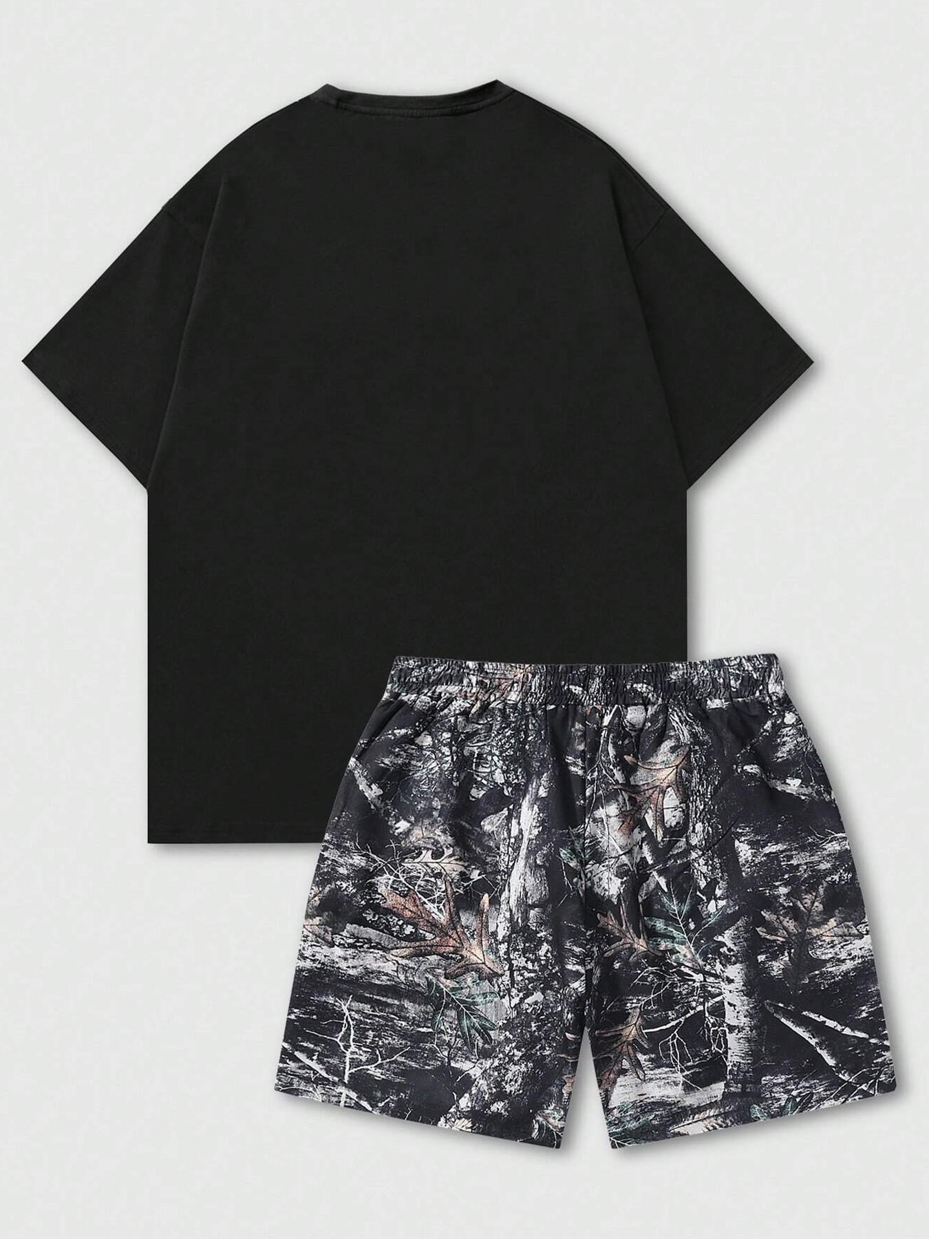 Men's Casual 2-Piece Short Sleeve & Shorts Set, High Street Rhinestone Outfit, Flame Star Graphic & Camouflage Leaf Print, Comfortable Fit, Streetwear