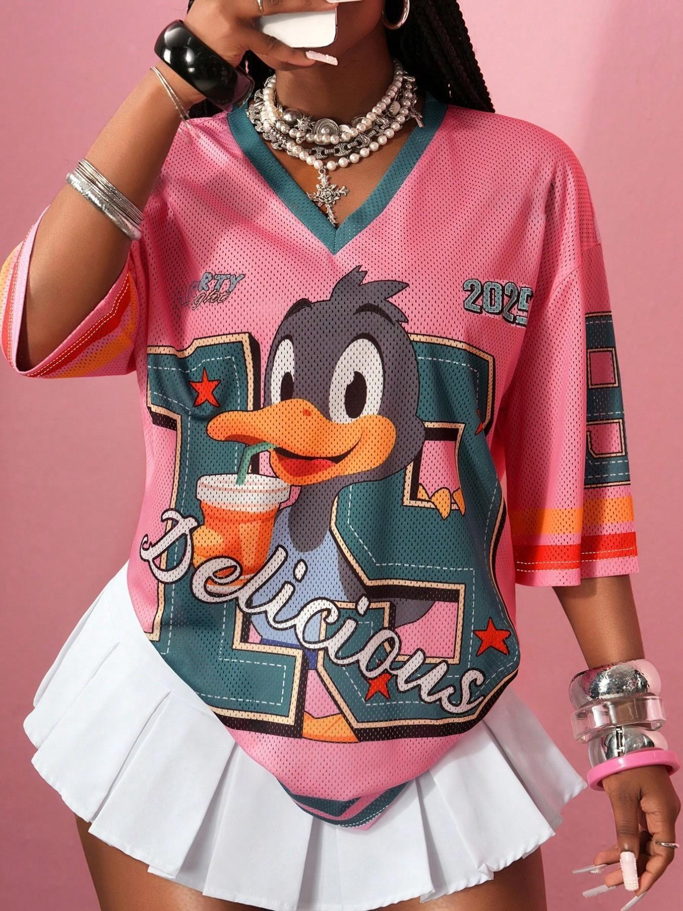 American Retro Cartoon Duck Print Mesh Eye Short Sleeve T-Shirt for Women, New Y2K Style, Loose-Fit Sport Top, All Seasons