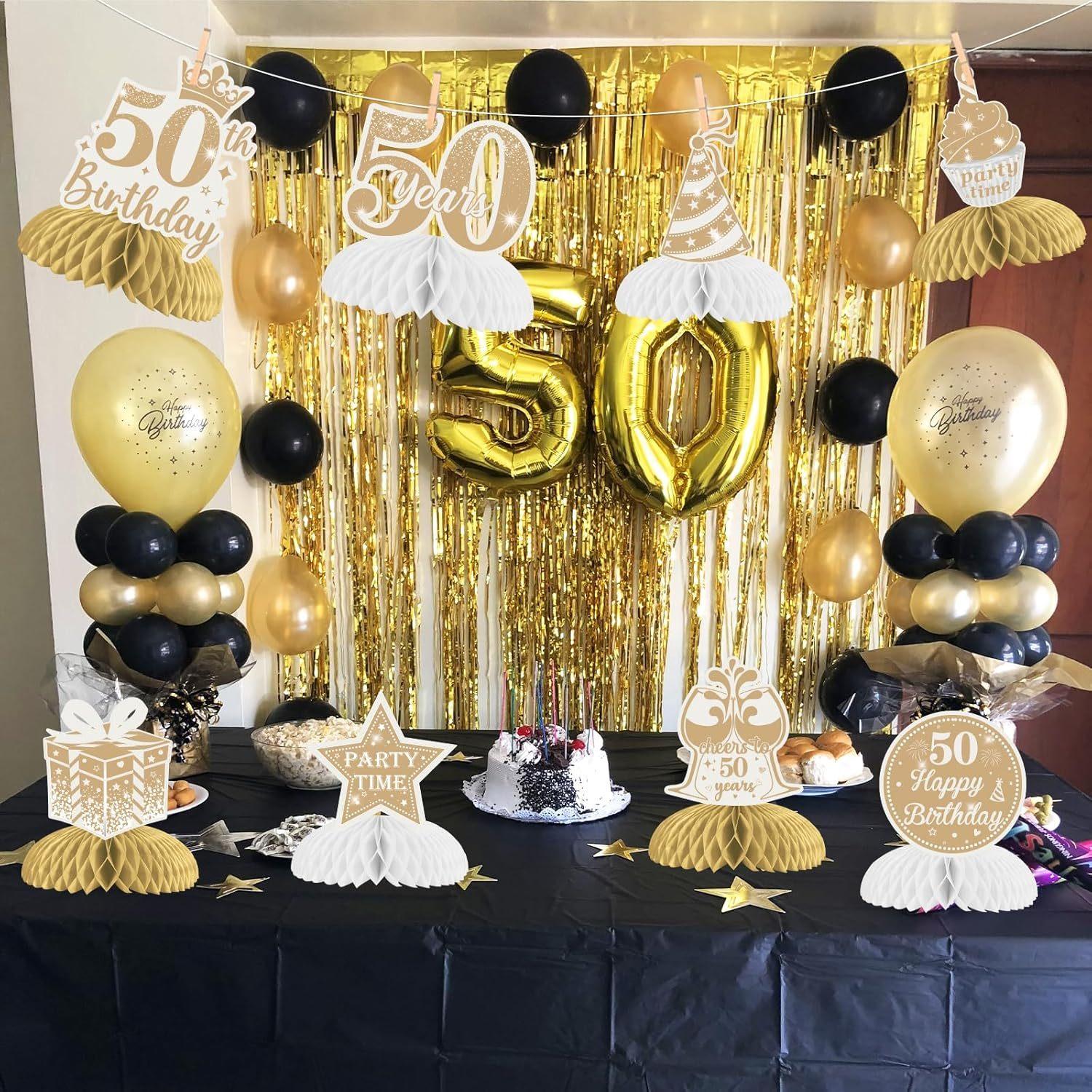 8 Pieces Boho 50th Birthday Honeycomb Centerpieces  White and Gold 50th Birthday Decorations for Women Men White Beige Fifty Birthday Table Toppers Party Supplies