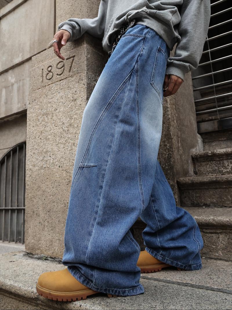 Men's Vintage Washed Loose Fit Jeans, Long Y2K Street Style Denim Jeans, Casual Natural Waist Zipper Fly, Perfect Gift for Boyfriend Husband