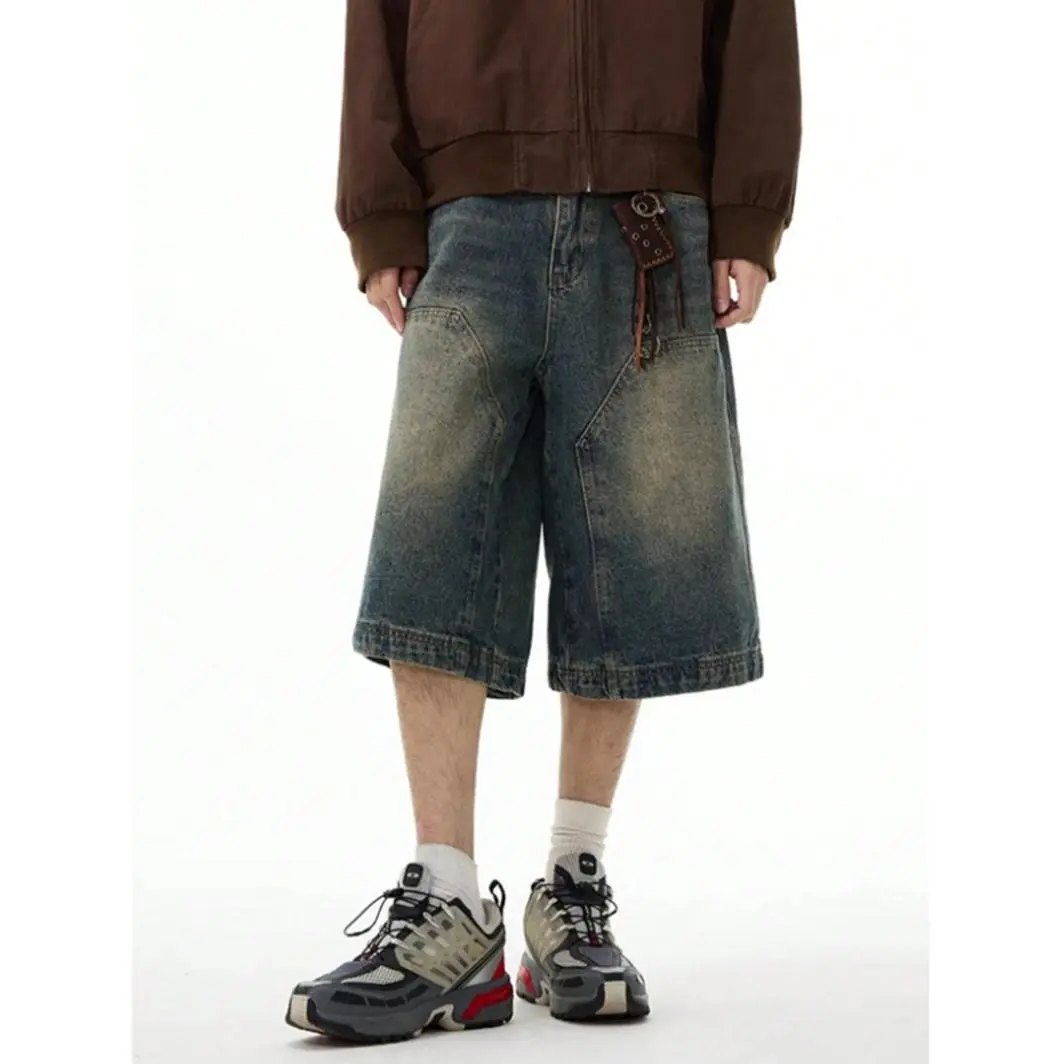 Men's 100% Cotton Vintage Washed Baggy Denim Shorts Loose Fit Wide Leg Jean Shorts