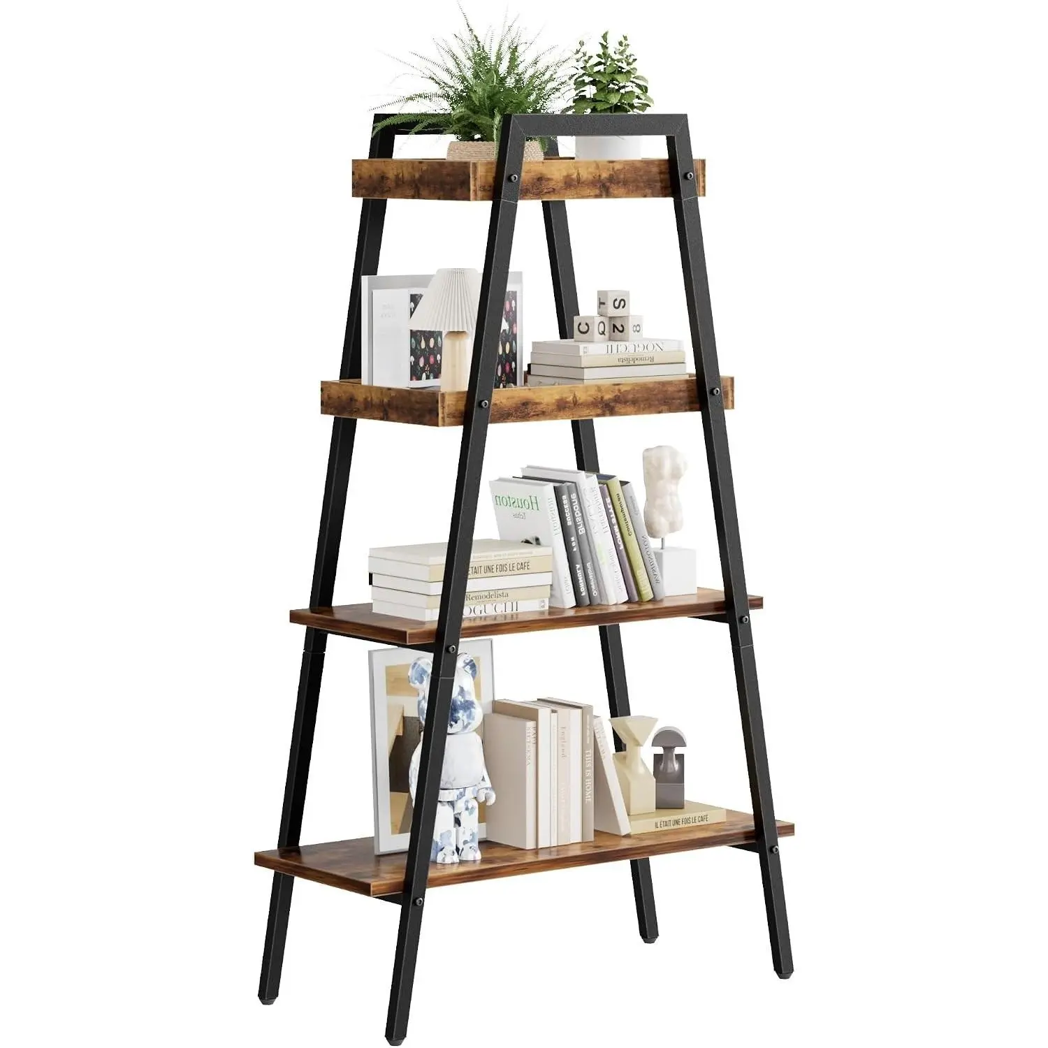 Ladder Shelf, 4-Tier Bookshelf with Enclosed Edges Design, Wooden Storage Rack Freestanding Bookcase for Living Room Home Office, Brown