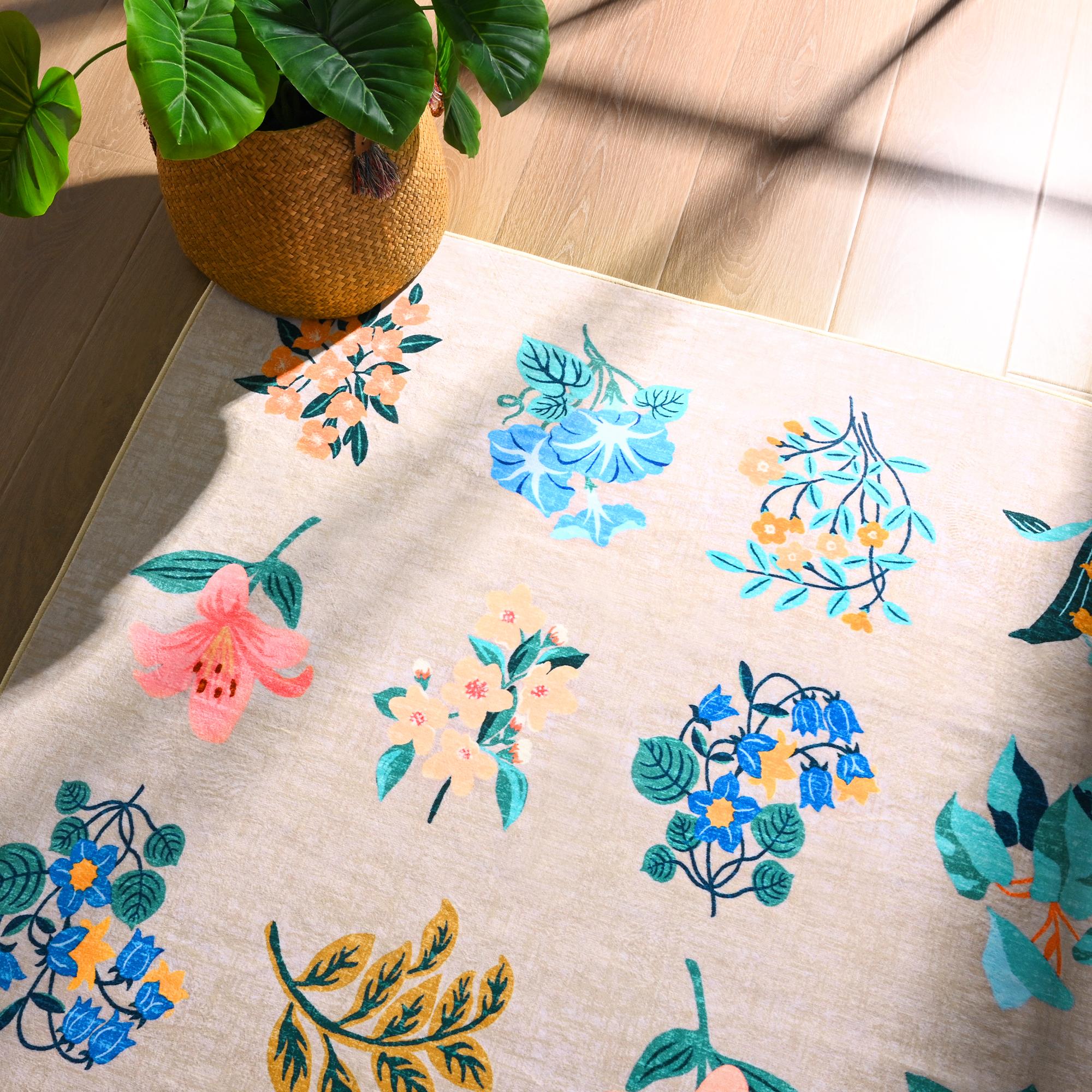 Lochas Floral Washable Living Room Area Rug ,Non-Slip Low-Pile Rugs for Entryway, Throw Small Stain Resistant Kitchen Rugs, Print Carpet for Office, Bedroom, Laundry Room, Nursery, Home Decor