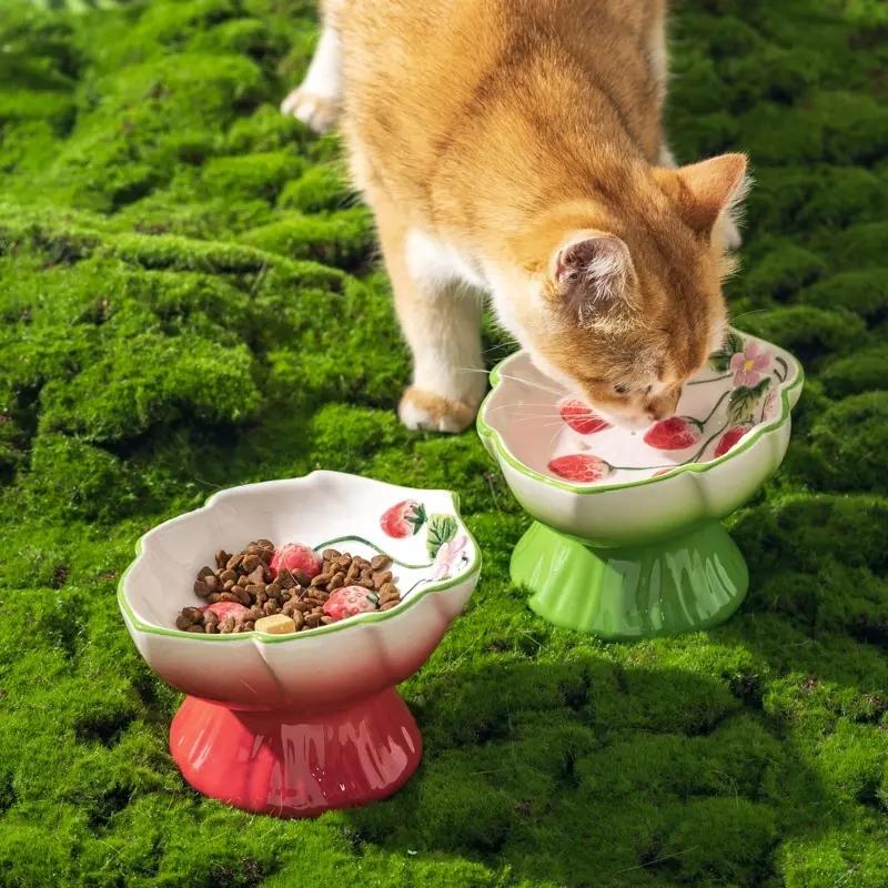 Ceramic Strawberry Slow Feed Bowl, High Feet Design, Anti-Gag and Anti-Spill, Neck Support for Cats and Kittens, Pet Feeding Solution