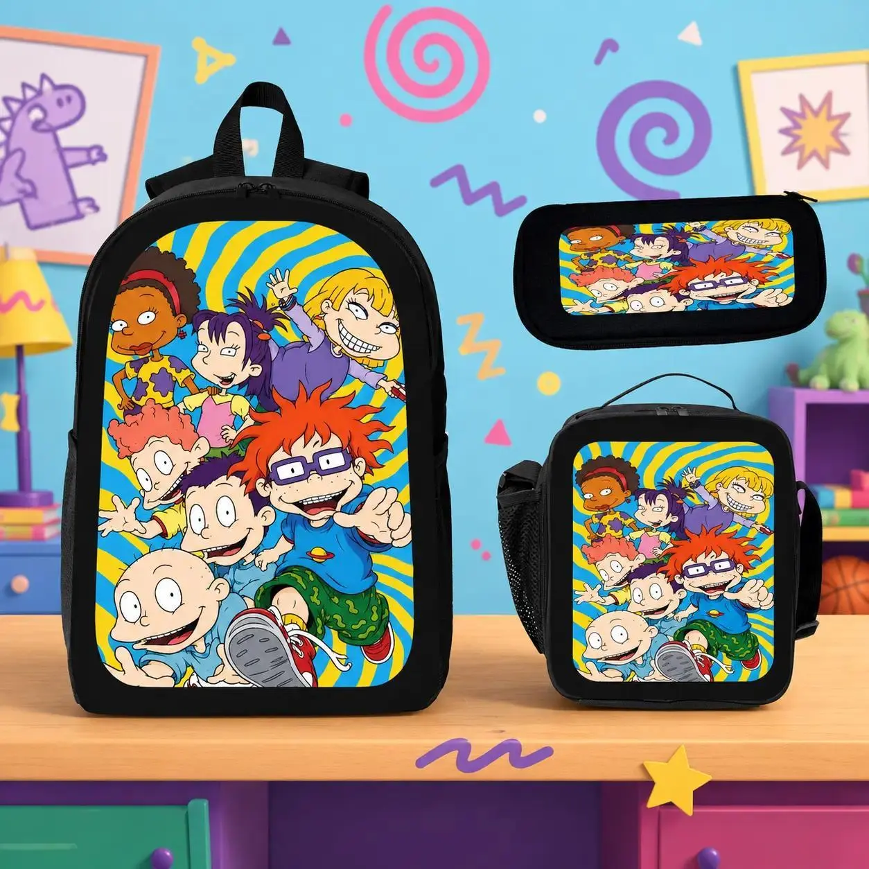 Rugrats Unisex 3-Piece Matching Backpack Set - Cute Cartoon Graphic Character Design, Retro 90s Look, with Lunch Box & Pencil Case, Lightweight Back to School Haul, First Day of Preschool Gift, Picnic Daily Use Bag