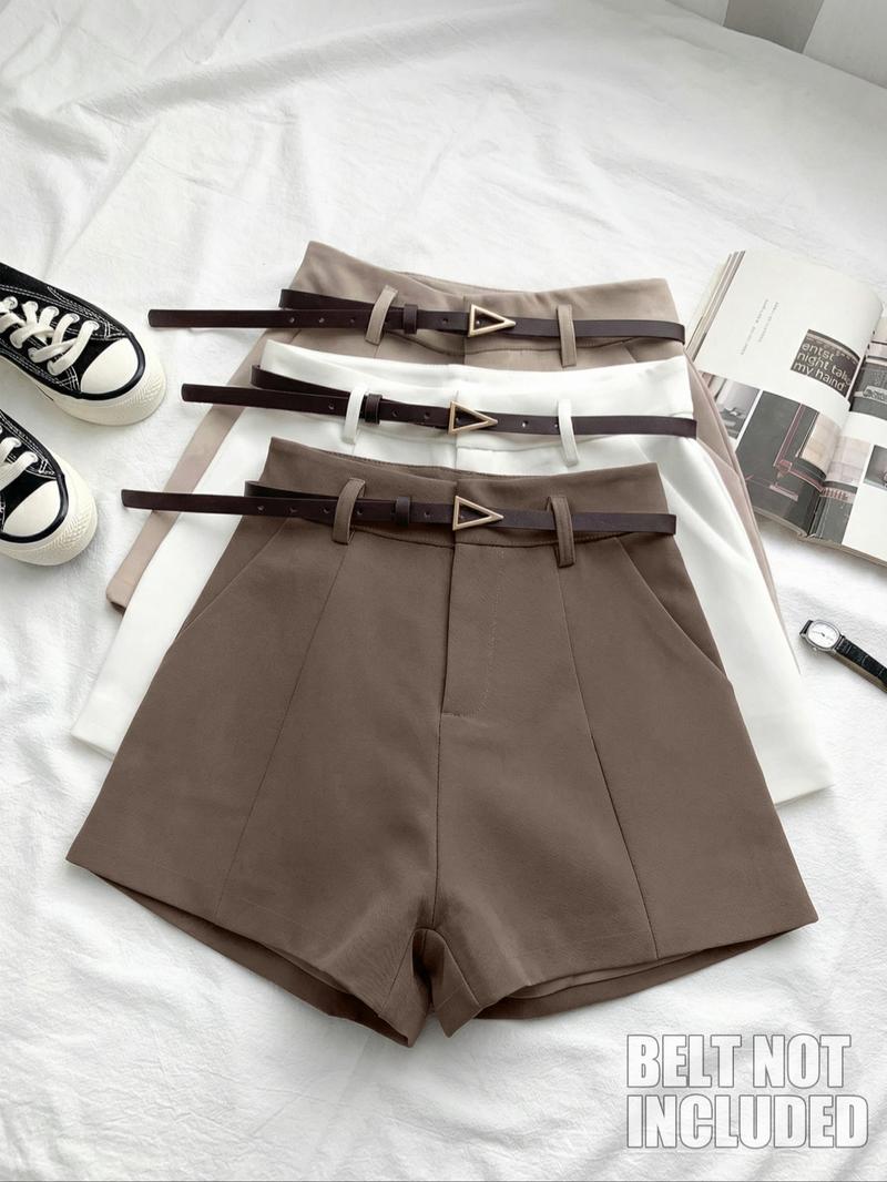 Women's Fashion High-Waisted Comfortable Shorts Set, Pure Color Casual Wear, Home & Outerwear, 3-Piece Suit (no Belt Included)