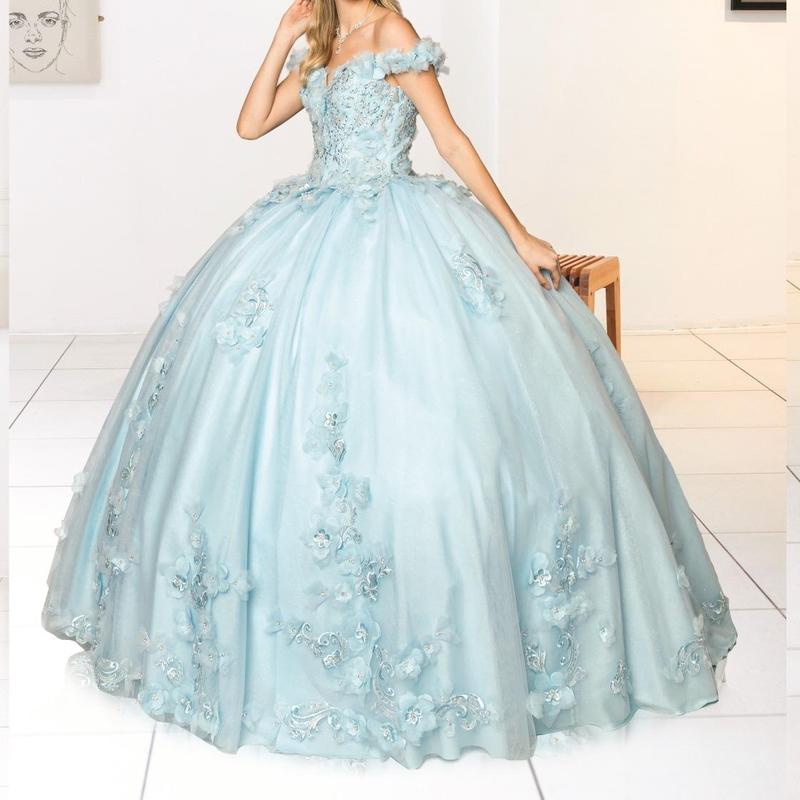 NO.34 Flowers and Metallic Lace Sparkle Tulle Quinceañera Dress schiaparelli  wedding dress white charro  dress club cocktail plus  size mini tube plain mature blue dress quince Sequins Off-Neck sequin dress Womenswear Formal party maxi