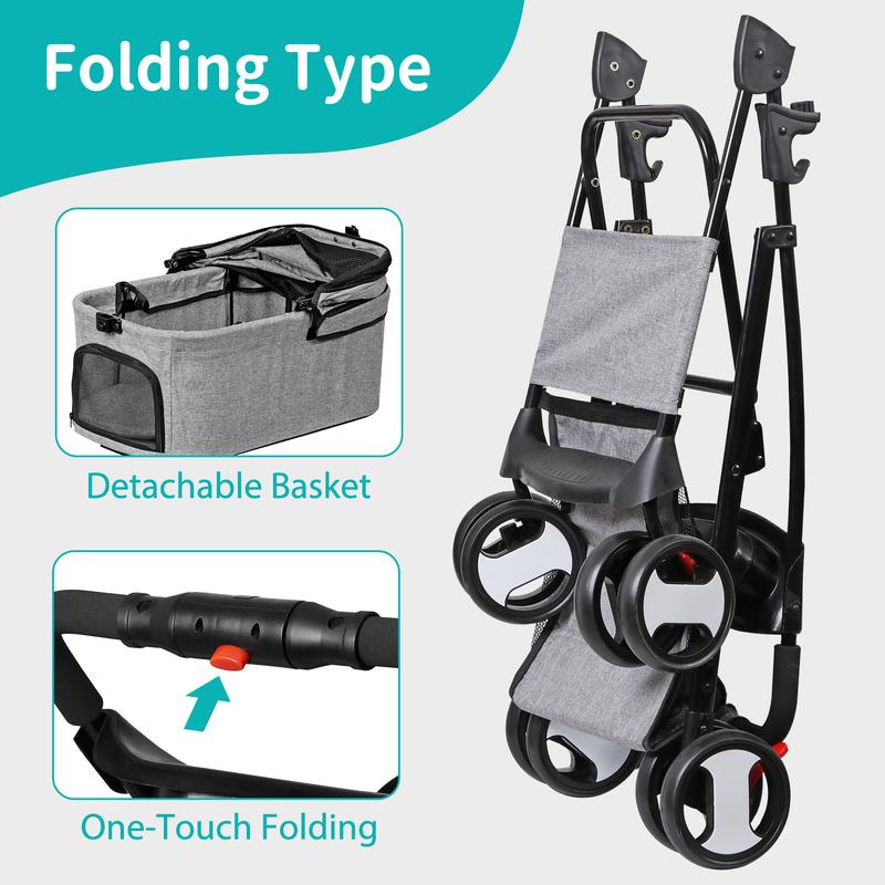 Pet Republic 4 Wheels 3-in-1 Foldable Pet Dog Stroller W/Detachable Carrier for Small Dog Cat W/Storage Basket & Cup Holder, Gray