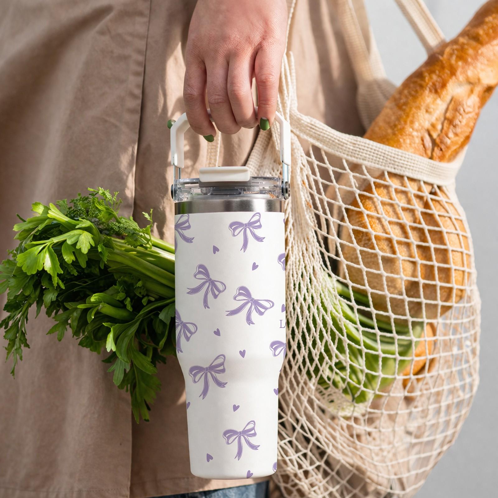 1pc 30oz Stainless Steel Tumbler with Handle, Purple Bow Print Thermal Mug with Lid And Straw, Keeps Hot 12H Cold 24H, Cute Insulated Cup for Travel, Office, Car, Unique Gift for Women