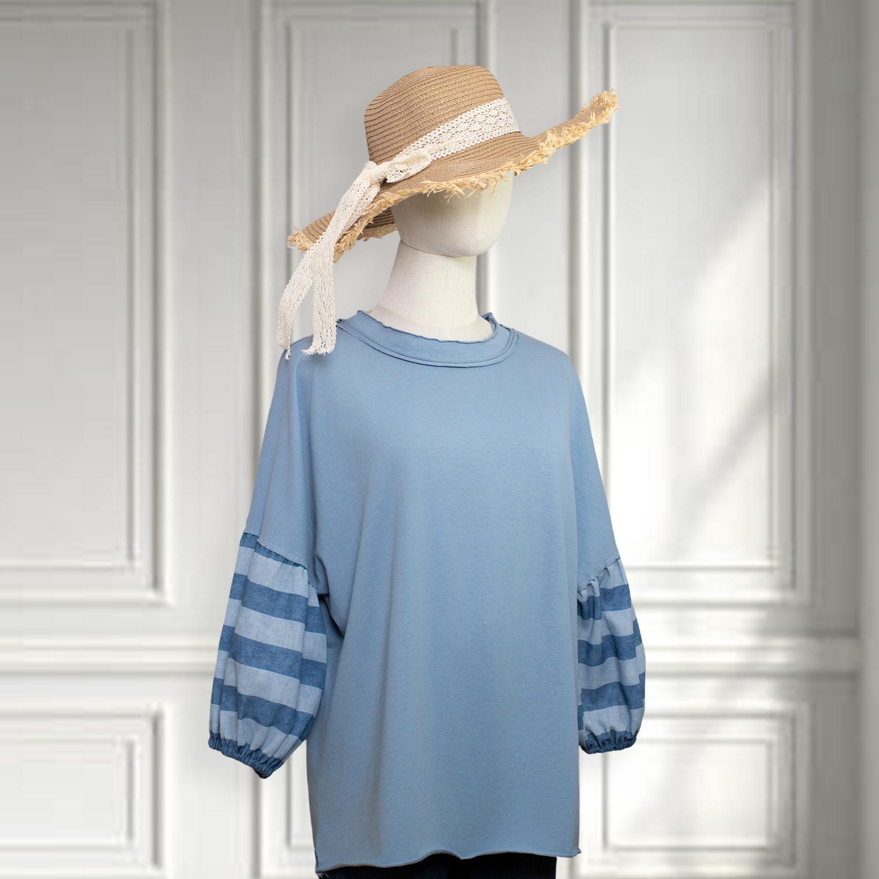 SageVell Vintage Wash Blue Sweatshirt Oversized Top Striped Puff Sleeve Shirt for Effortless Casual Chic Style Outdoorfun Fit Womenswear Round Neck Cotton