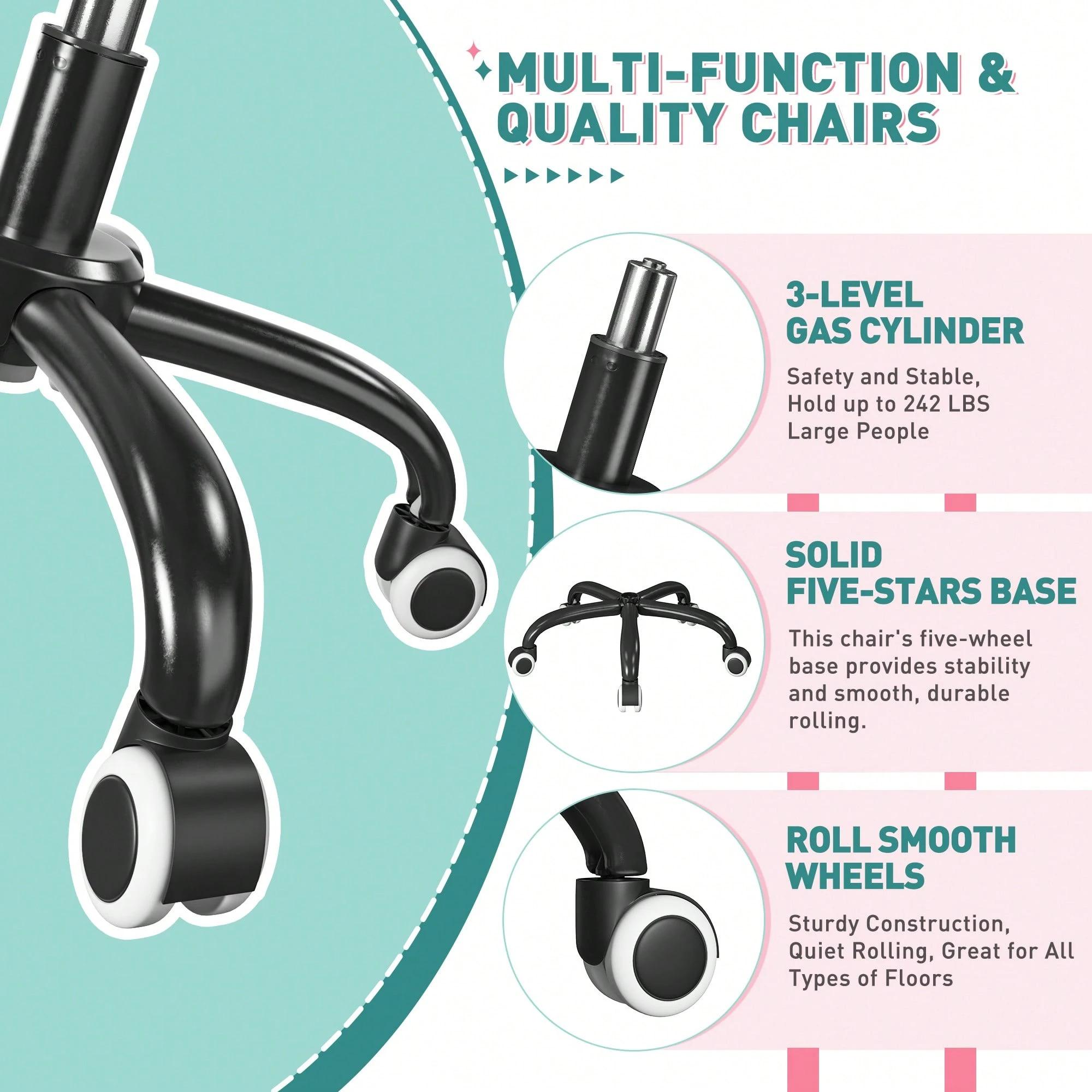 Home Office Chair With Wheels & Side Pockets Vanity Chair Adjustable Height Soft Upholstered Modern Desk Chair With Backrest & Arm For Bedroom, Pink