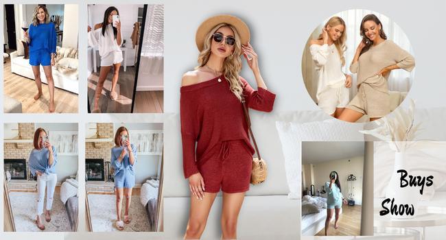 Imily bela Women's 2 Piece Outfits Sweater Sets Off Shoulder Knit Top Shorts Matching Suits Cute Pajama Lounge Set