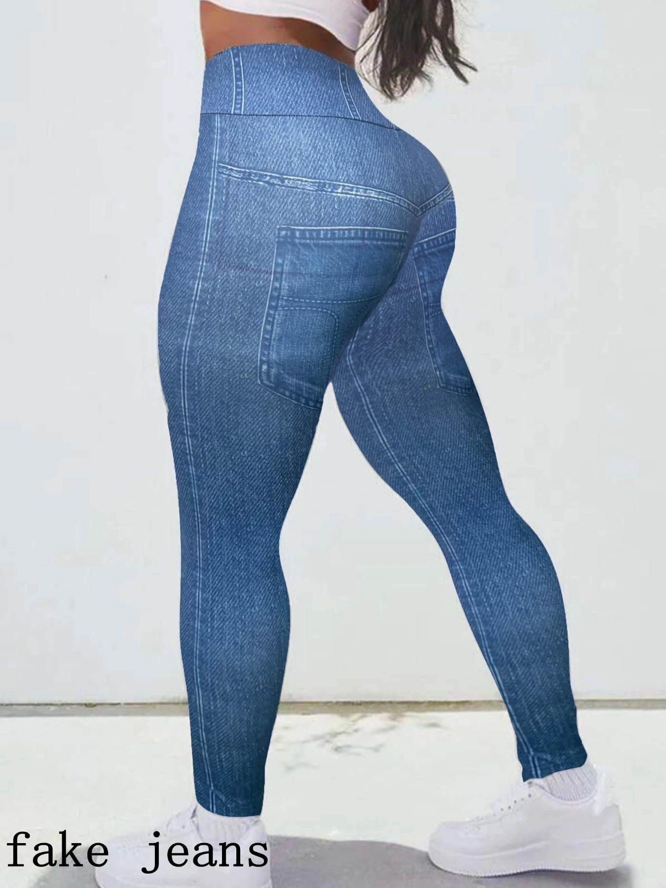 Plus Size Denim-Effect Print High Waist Leggings, Casual Stretchy Skinny Pants for Daily Outdoor Wear, Women's Bottoms for Spring & Fall