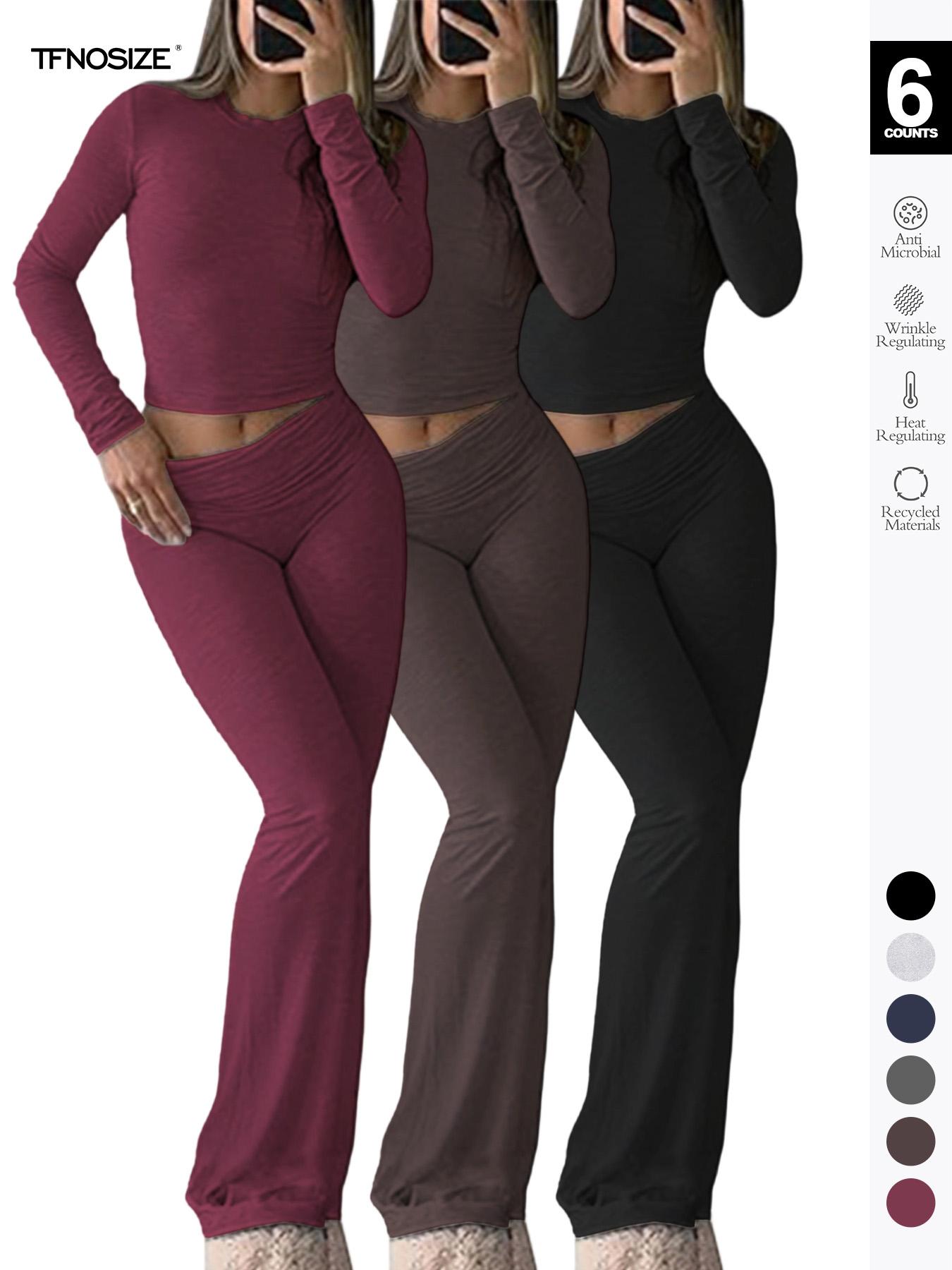 Women's 2 Piece Casual Pajama Set, Slim Fit Long Sleeve Top & Low Rise Bell Bottoms, Versatile Yoga Loungewear for All Seasons,Airport Outfit