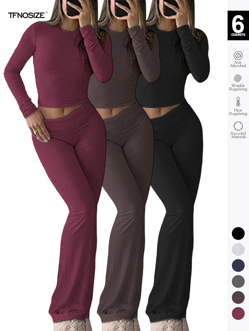 Women's 2 Piece Casual Pajama Set, Slim Fit Long Sleeve Top & Low Rise Bell Bottoms, Versatile Yoga Loungewear for All Seasons,Airport Outfit