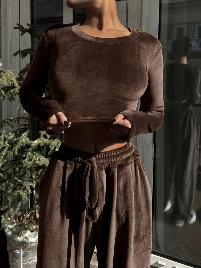 Autumn Winter Casual Knit Elastic Velvet Silk Round Neck Top Pocket Long Pants Home Wear Loungewear Two-Piece Set