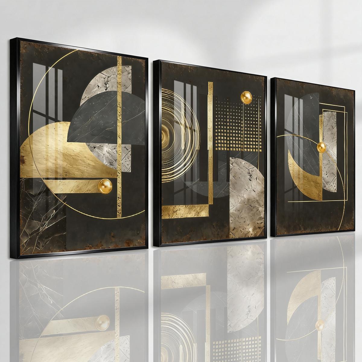 3 Counts Aluminum Alloy Framed Painting, Abstract Geometric Gold And Black Art Pictures, Home Decoration For Living Room, Bedroom, Office, Restaurant, Hallway Wall Decor, Odorless Print Artwork, Luxury Perfect Gift For Friends And Family