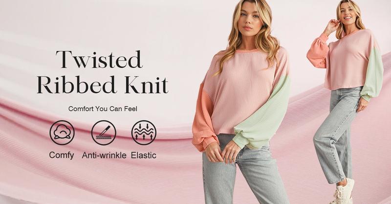 Women's Colorblock Twisted Ribbed Knit Dropped Shoulder Cropped Sweatshirt, Casual Round Neck for Fall Winter, Ladies Daily Wear, Casual Pullover Tops