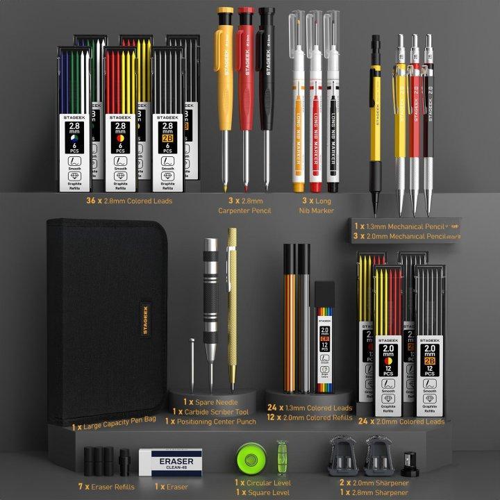 STAGEEK 34 Pack Carpenter Pencil Set with Sharpener, Mechanical Carpenter Pencils with 104Pack Refills and Carbide Scribe Tool, Heavy Duty Construction Pencils for Architect Woodworking, Art Supplies, Art Materials - With Canvas Case