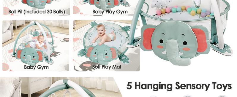 Dearlomum 4-in-1 Baby Play Mat Elephant Gym Tummy Time Mat for Floor Activity with 30 Balls & 5 Sensory Toys for Newborn Toddler Boy & Girl Gifts Playpen Cute