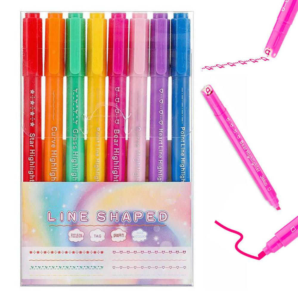 8pcs Dual-Head Multi-Functional Fluorescent Markers, Curve Roller Flower Design, Student DIY Journal Pens, Daily Use Stationery