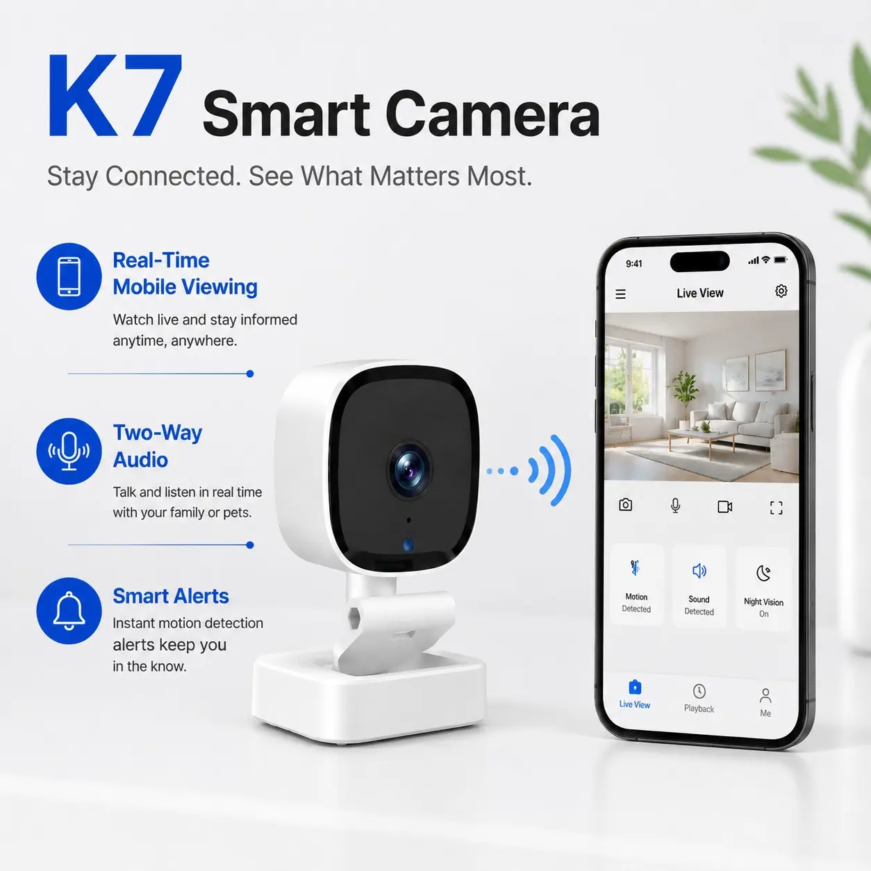 Livpet K7 Mini Home Security Camera, Motion Detection, Night Vision, Two-Way Audio, Remote Viewing Via APP, Ideal for Living Room and Entryway
