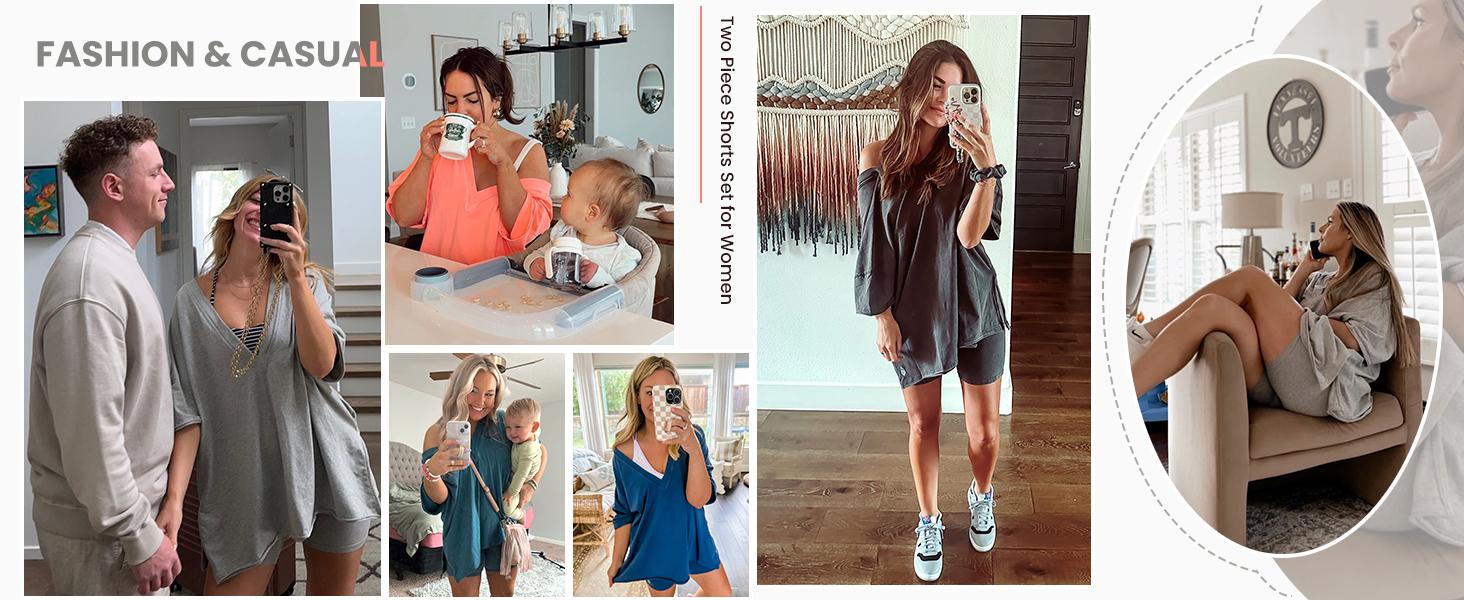 SCUSTY Women's Two Piece set Oversized V Neck T Shirt Biker Short Summer Outfits Hot Shot Reversible Sets