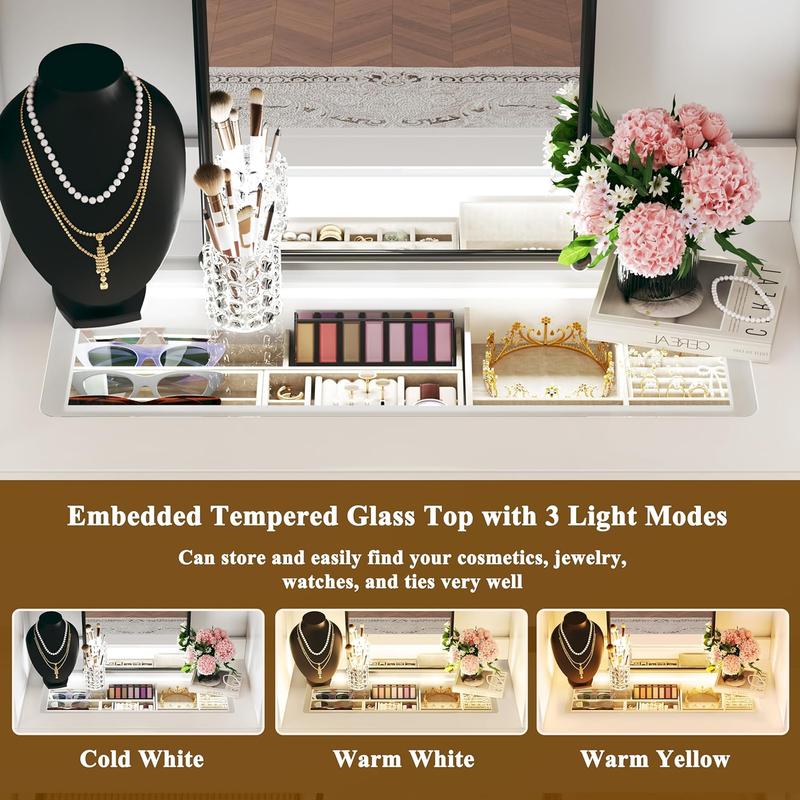 Closet System, 4-8FT Closet Organizer with 3 Wood Drawers & Glass Top, 102'' Walk in Closet with 5 Hang Rods & LED Lights & Trouser Rack, Built-in Wardrobe Clothes Rack with Shelves and Tower, White