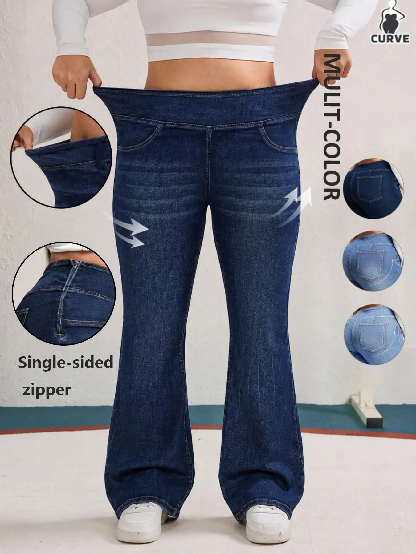 Women's Plus Size High-Elastic Blue Denim Dark Wash Highrise Flare Pants, High Waisted Flare Denim Bell Bottoms with Butt-Lifting Leg-Shaping Fit, Wide Stylish Simple & Versatile Casual Washed Long Pants