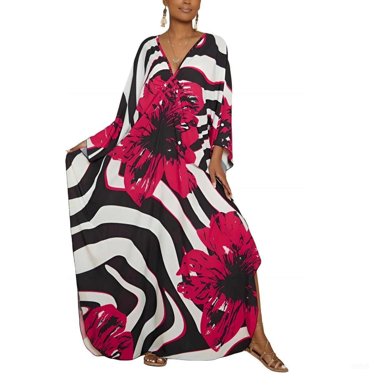 Bsubseach Women Ethnic Print Kaftan Dress ，Plus Size All Over Print  Sleeve TunicDress, Boho Casual V Neck 3/4 Sleeve TunicDress for Women, Women's Plus Cover Up,Mrs. Roper Kaftan ，bubu，mumu，Casual Womenswear Summer Bohemian Tangerine Hibiscus