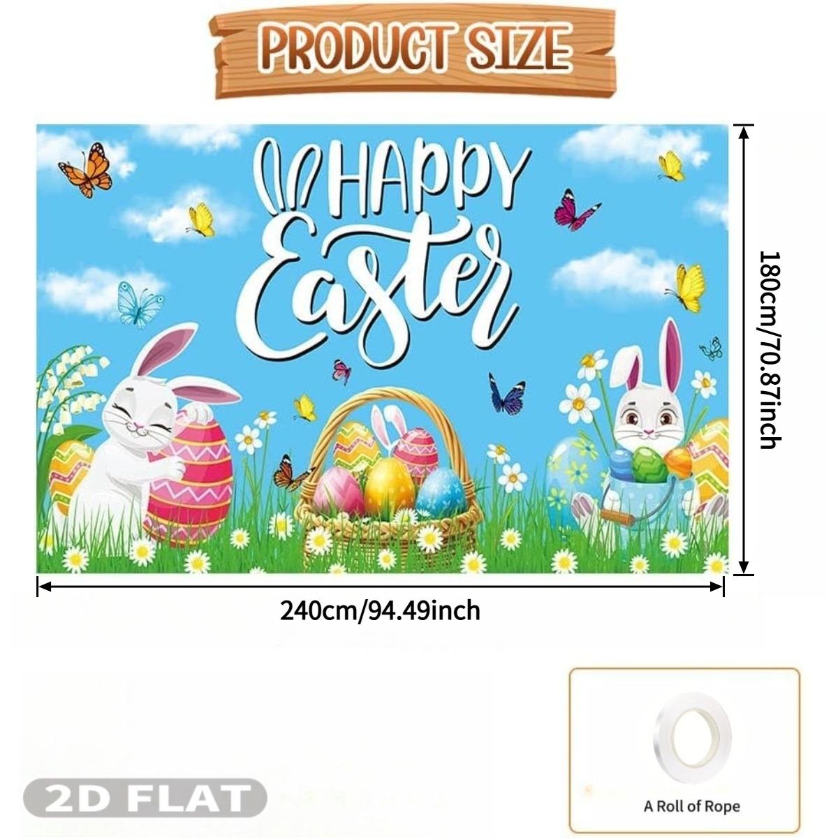 2D FLAT 1 Count Studio Props Happy Easter Backdrop Banner, Multiple Sizes Durable Polyester Fabric Colorful Flower Eggs Spring Bunny Grassland Theme Easter Decorations Party Supplies for Photo shoot Happy Easter's Day Party Decor