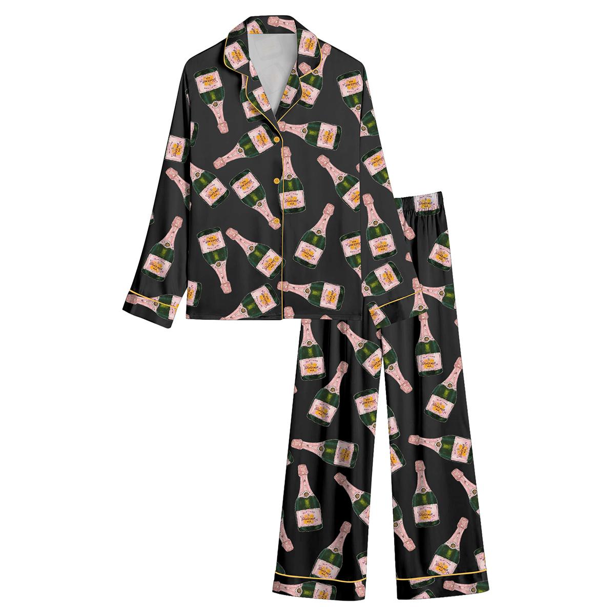 Champagne Bottles Pajama Set For Women Print Comfy Satin Sleepwear & Loungewear Pjs Printing Silky Top & Bottoms - SHESHOW