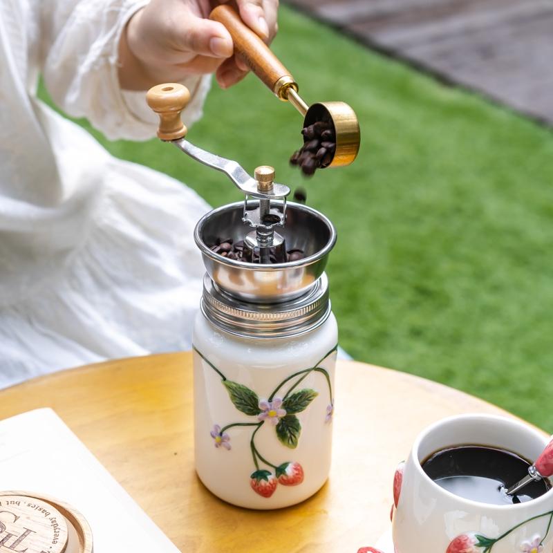 Strawberry Ceramic Hand-Crank Coffee Grinder Set, Home Manual Pour-Over Coffee Maker, Milk Jug, Cup & Saucer Series