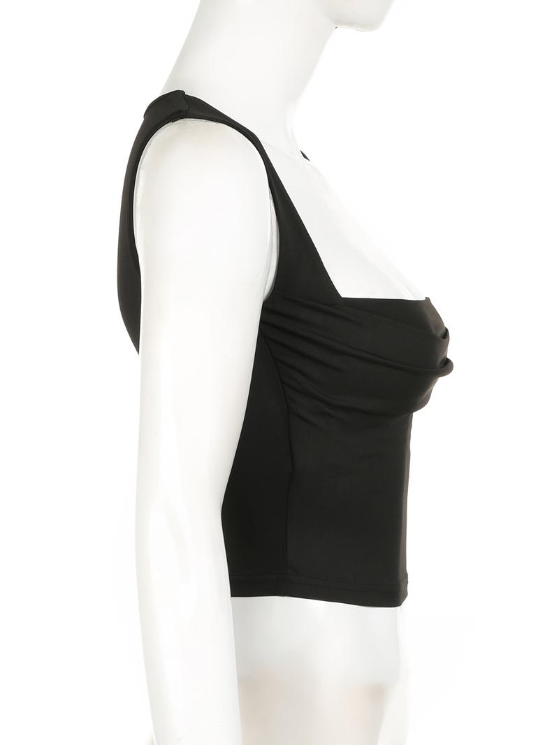 Women's Plain Ruched Square Neck Crop Tank Top, Casual Sleeveless Cropped Top for Fall, Minimalist Basic Short Tops, Ladies Clothes for Daily Wear, Summer Top