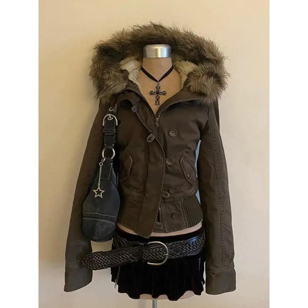 2026 Spring Retro Faux Fur Coats Women 2000s American Vintage Jackets Harajuku Gotihc Punk Clothing Jean Parkas Female Outwear