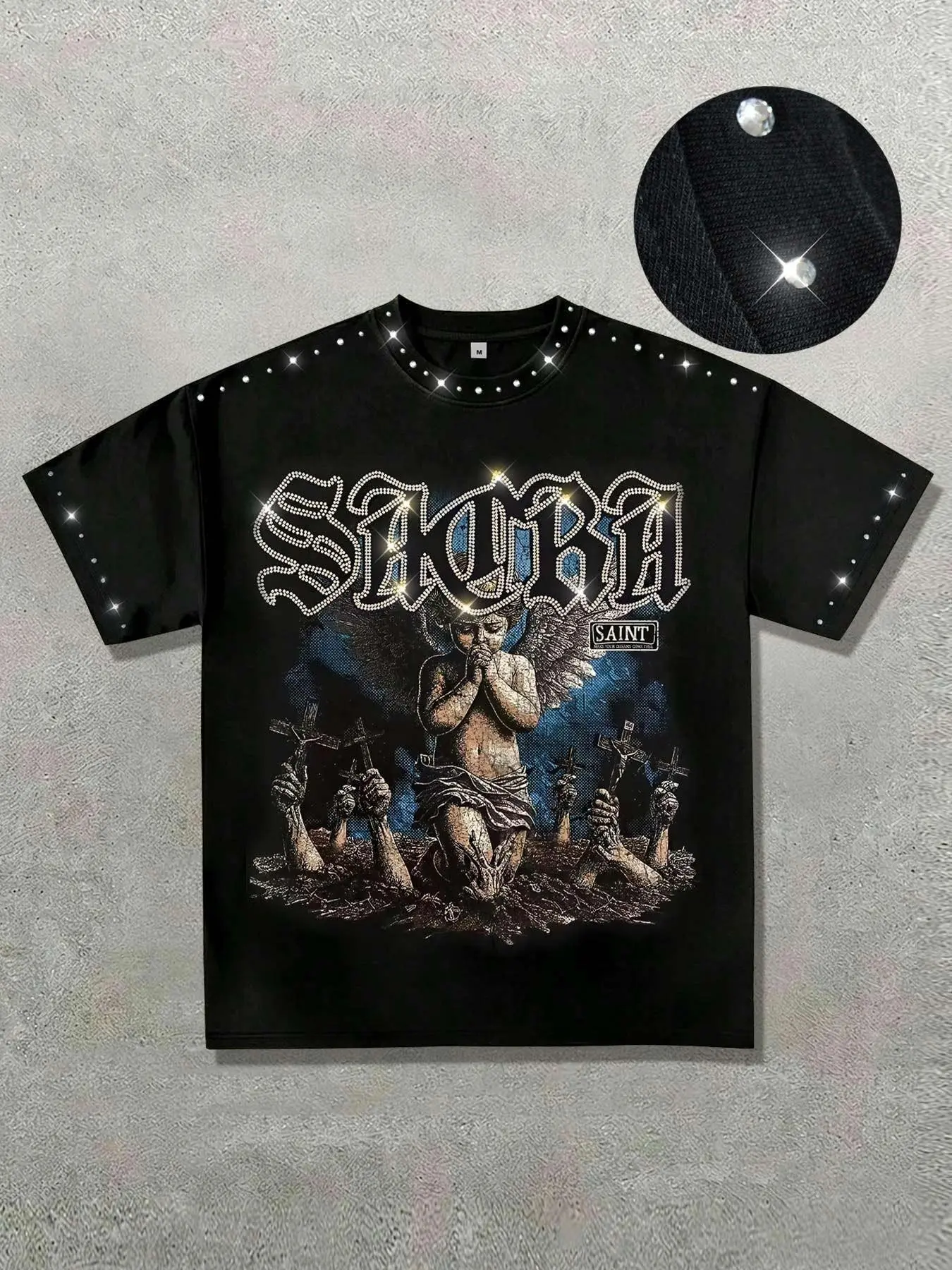 Black Praying Angel Retro Men's Cotton Short-Sleeve Shirt, American High Street Gothic Cross Distressed Print Top, Neckline and Cuffs Fully Covered with Rhinestone Design, Loose Oversized Streetwear Trendy Brand Couple Versatile Short-Sleeve Shirt