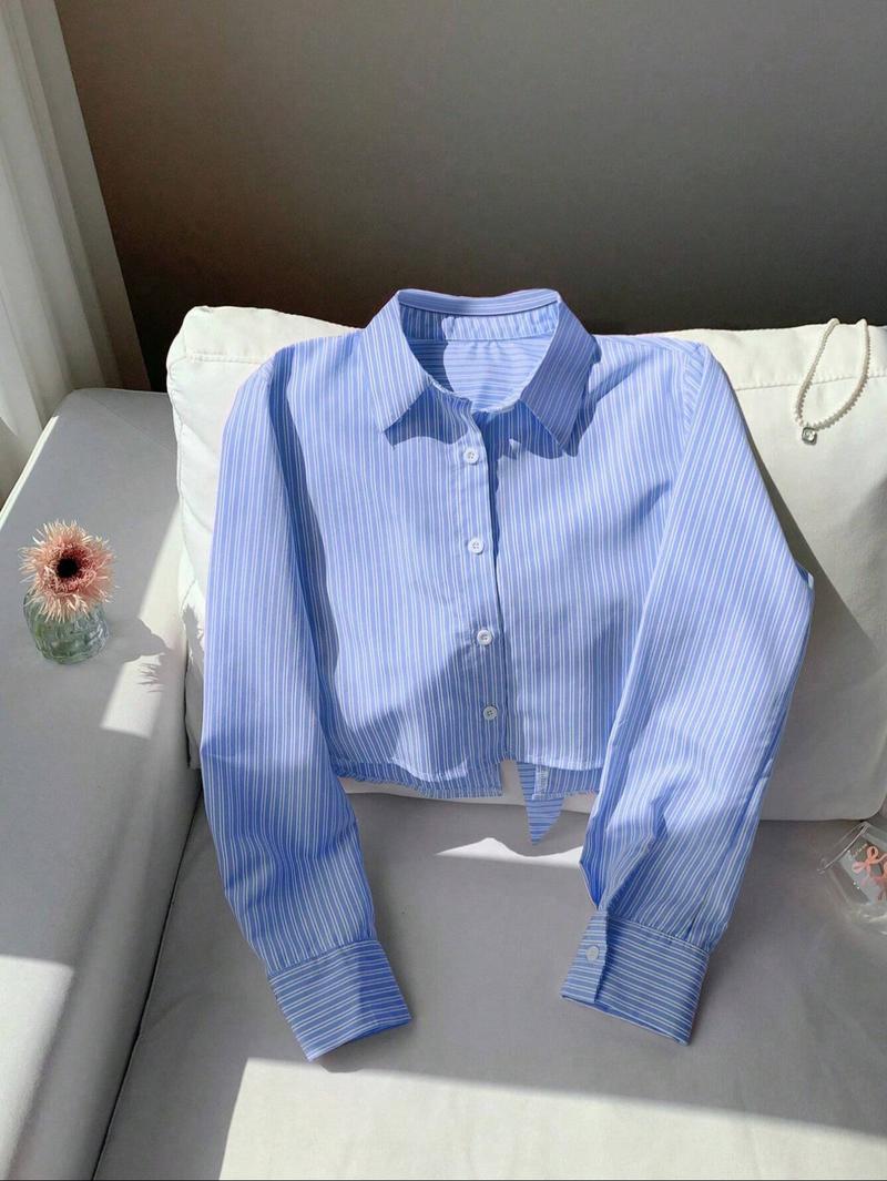 Women's Striped Print Shirt, Casual Comfy Shirt, Casual Long Sleeve Collared Top for Daily Wear, Ladies Clothes for All Seasons