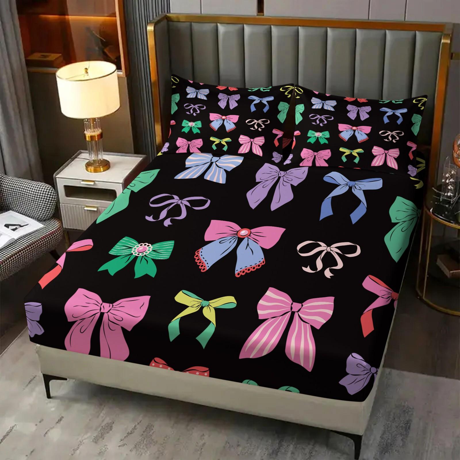 3Pcs Lovely Coquette Bow Printed Fitted Sheet Set, Sweet Y2K Style Bed Sheet Set, Soft Wrinkle-Resistant Microfiber, Vibrant Digital Print, Deep Pocket Design, Ideal for Girls Bedroom, Dorm & Guest Room All-Season Decor - No Filling